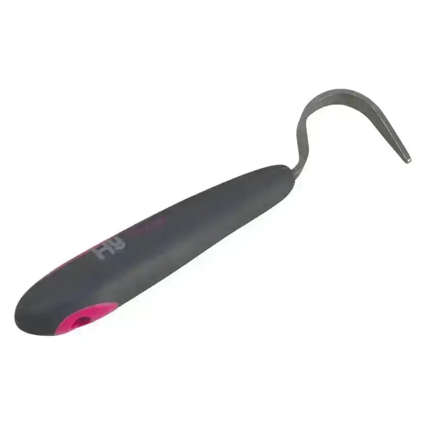 Black and pink sport active groom hoof pick with soft touch stainless curved metal tip for easy cleaning
