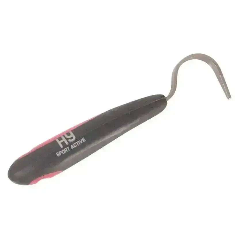 Black and pink sport active groom hoof pick with soft touch stainless curved hook by hg sport active