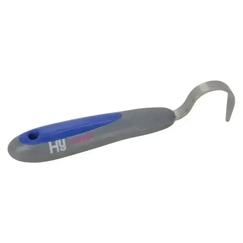 Gray and blue plastic handled hy sport active groom hoof pick with soft touch stainless curved metal tip for easy cleaning