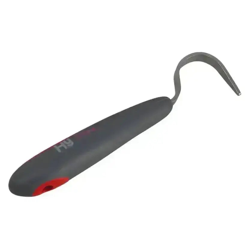 Gray and red hy sport active groom hoof pick with curved soft touch stainless metal tip for easy cleaning