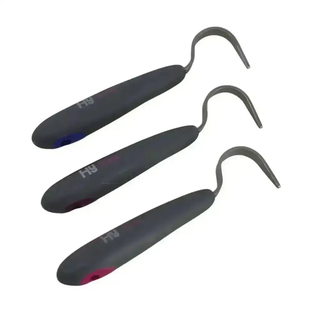 Set of three hy sport active groom hoof picks with black handles soft touch stainless curved tips and colored accents