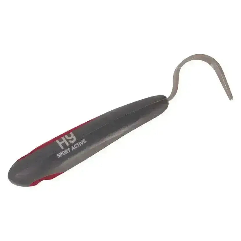 Black and red hy sport active groom hoof pick with ergonomic soft touch stainless handle and curved metal hook