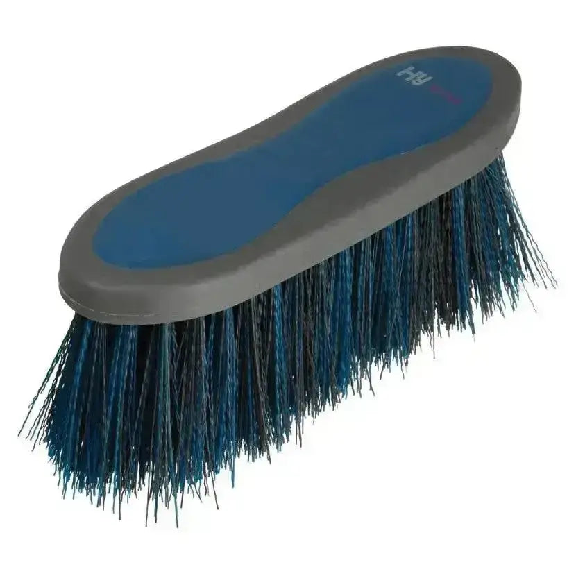 Blue and gray sport active groom long bristle dandy brush with dense dark blue bristles for active horse grooming