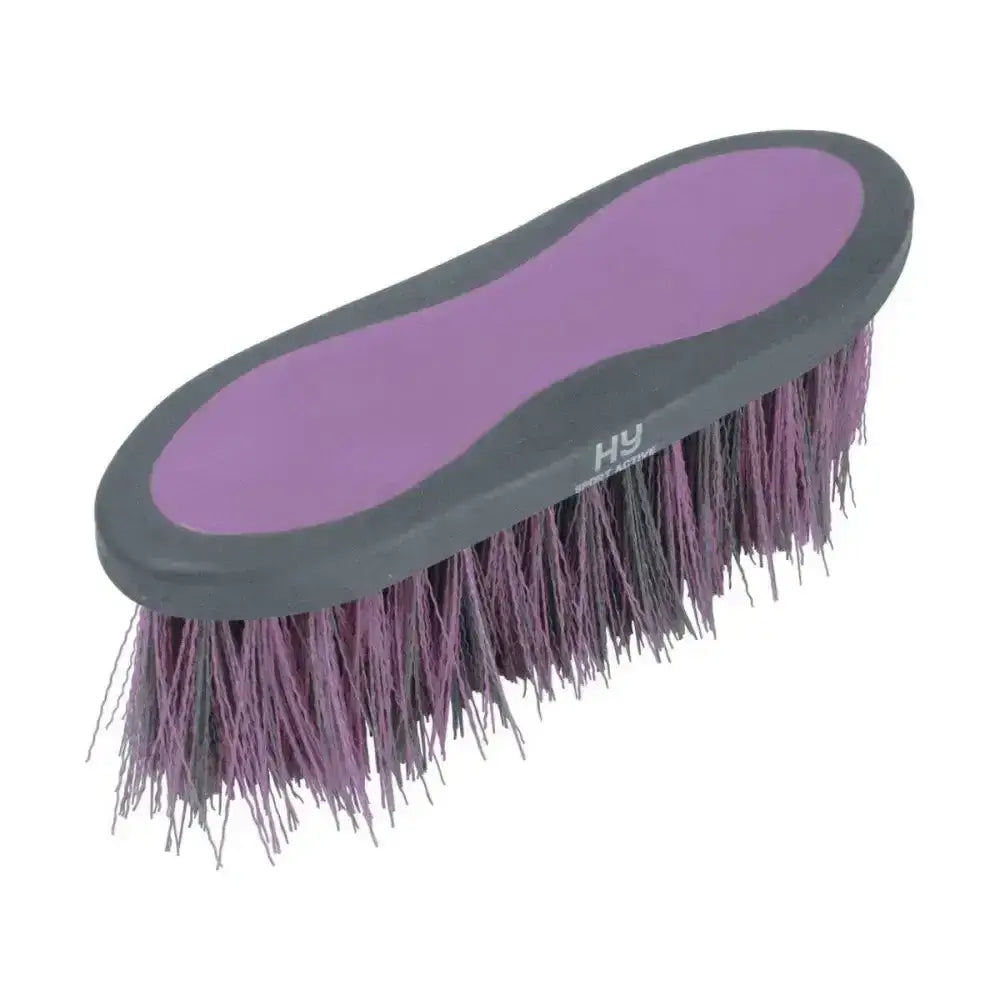 Purple and gray hy sport active groom long bristle dandy brush with dense slightly frayed bristles for grooming horses