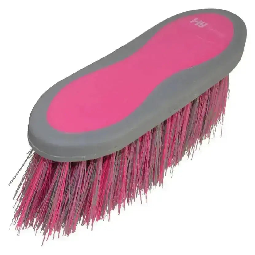 Pink and gray sport active groom long bristle dandy brush with synthetic bristles for effective horse grooming