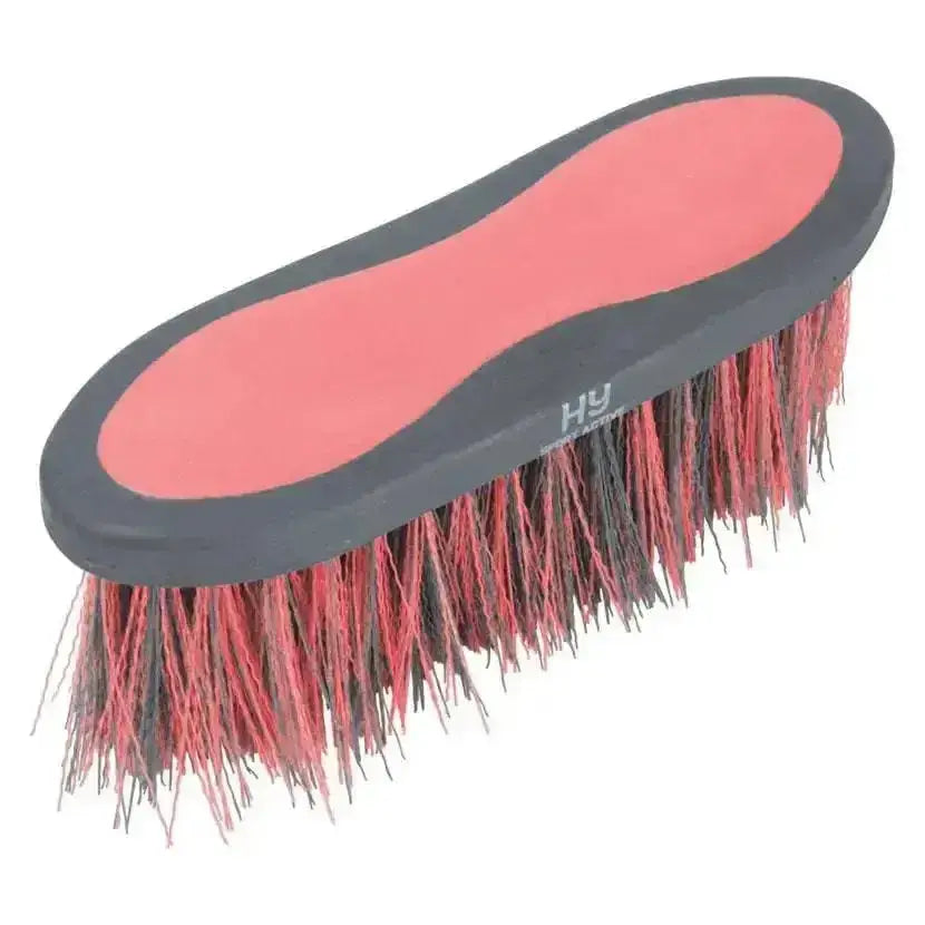 Pink and gray hy sport active groom long bristle dandy brush with red and black bristles for horse grooming