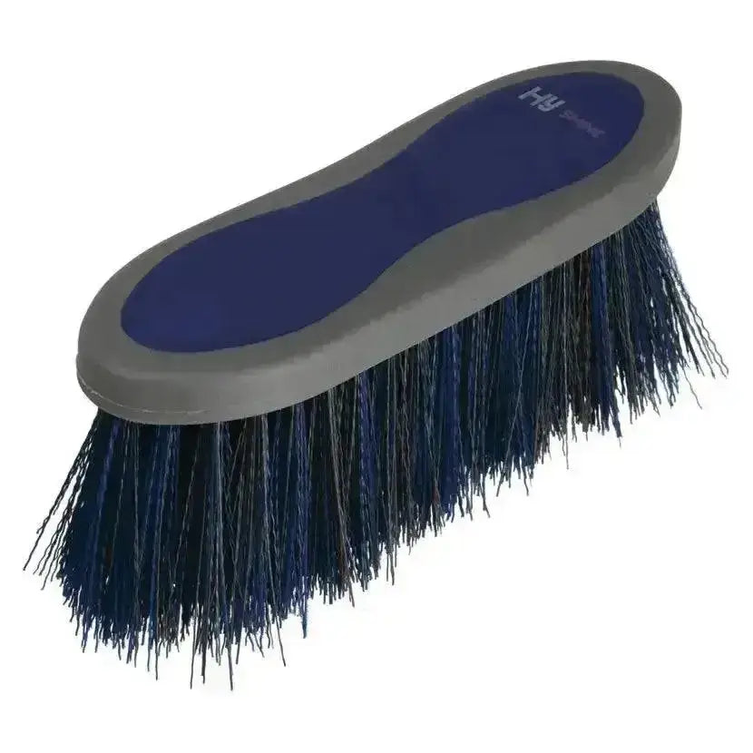 Blue and gray sport active groom dandy brush with long dense dark bristles for effective horse grooming