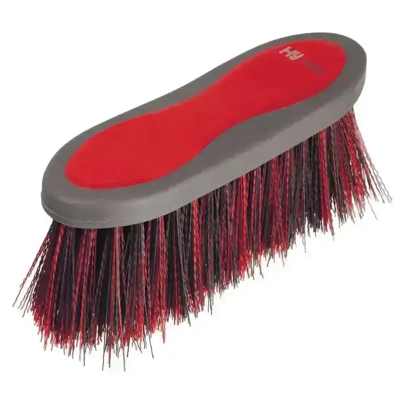 Red and gray hy sport active groom long bristle dandy brush with multicolored bristles for grooming horses