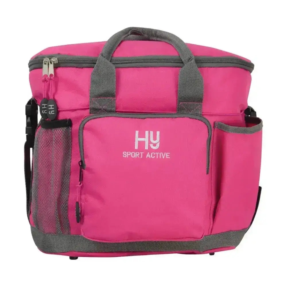 Bright pink insulated hy sport active grooming bag with gray accents and mesh pockets keeps grooming essentials neat and smart