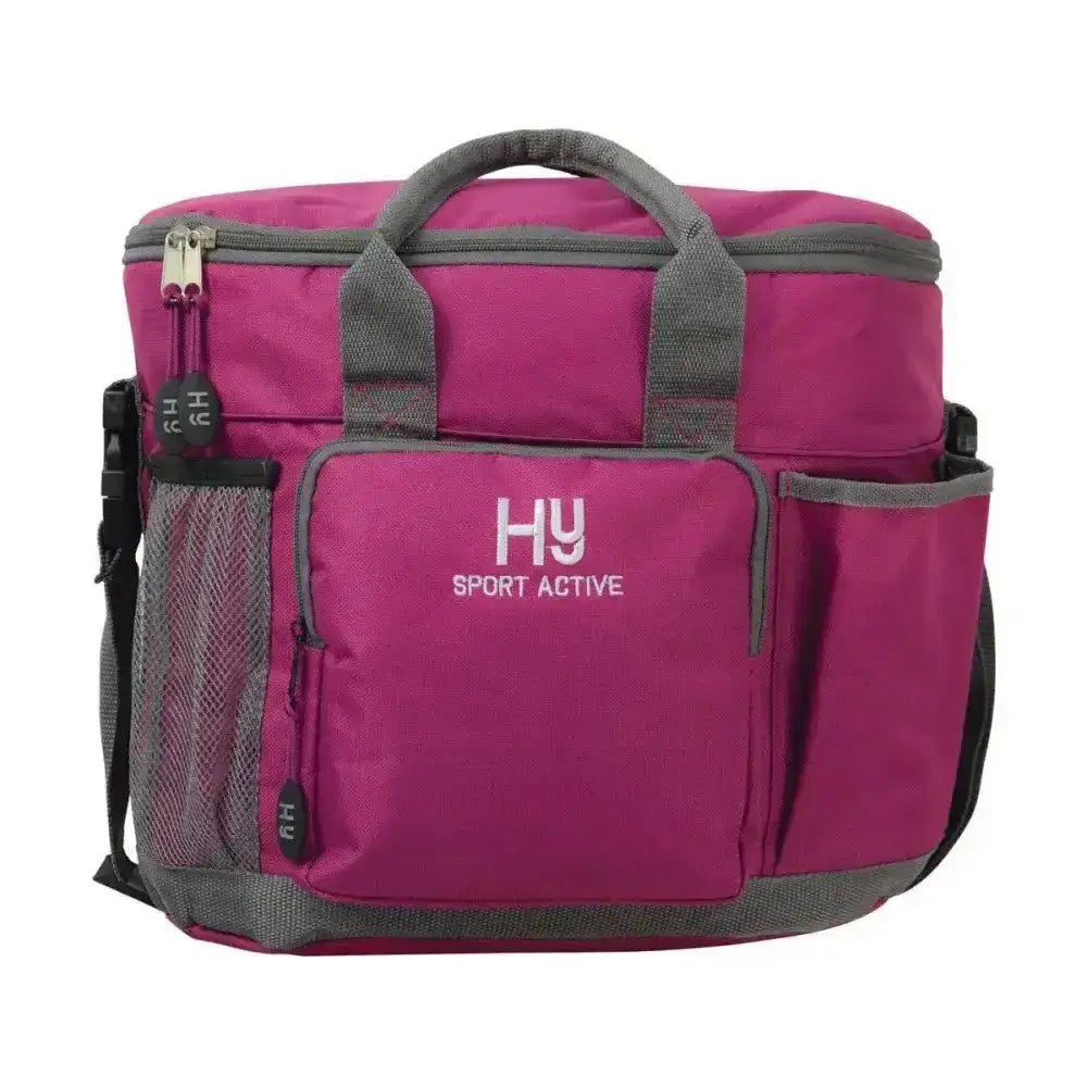 Hy sport active grooming bag in magenta and gray with mesh pocket, dual handles, and detachable shoulder strap keeps essentials neat