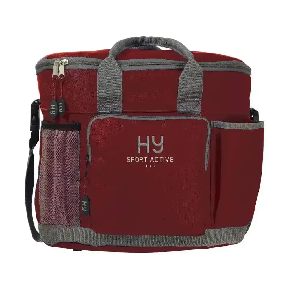 Red and gray hy sport active grooming bag with cooler, mesh side pocket, and top handle for grooming essentials neat