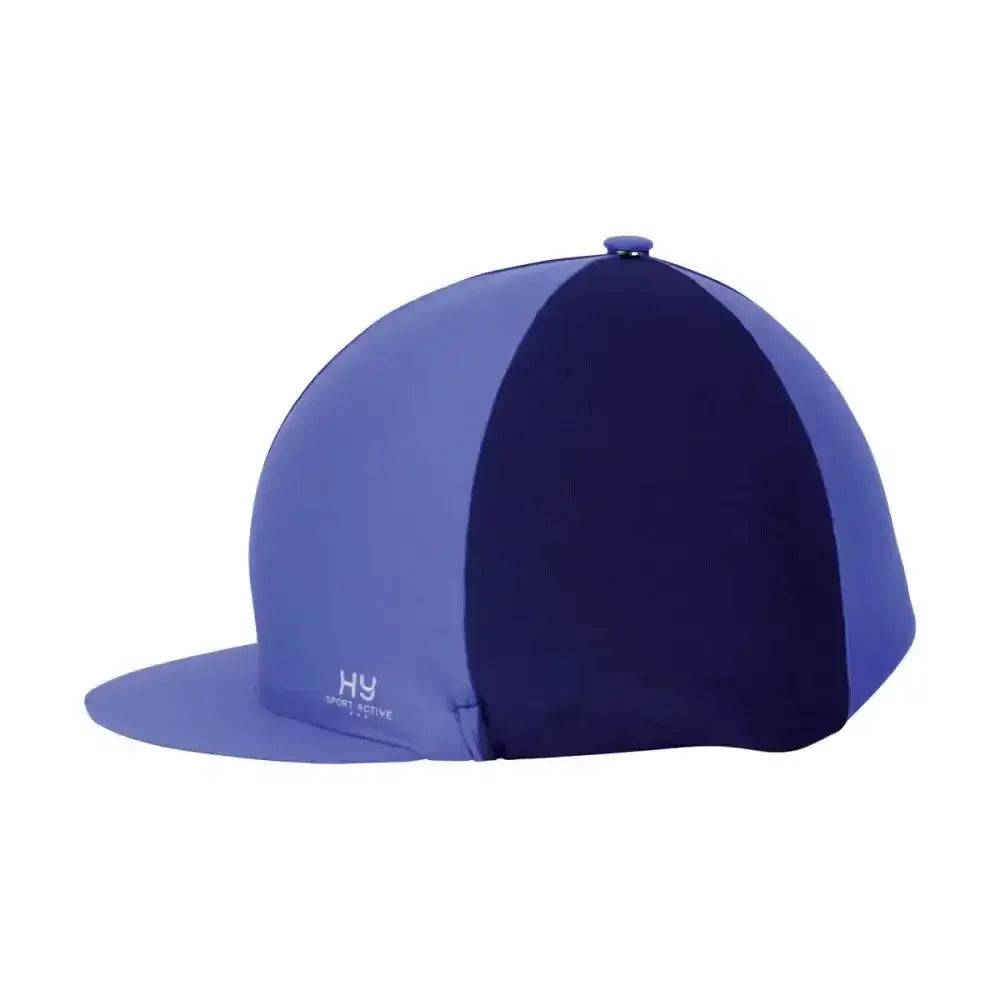 A navy and light blue two-tone hy sport active hat made of smooth stretchy fabric with a silver hy sport button on top