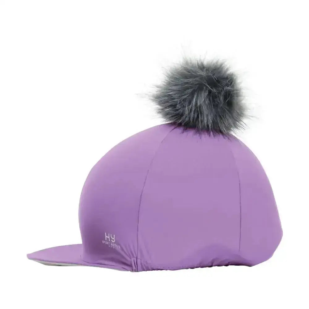 Purple helly hansen sport active hat with gray faux fur interchangeable pom pom from silver hy sport collection