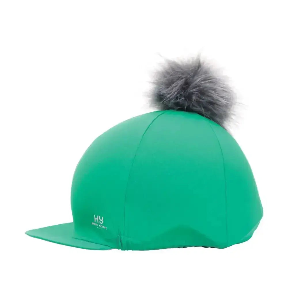 Vibrant green hy sport active hat silk with gray faux fur interchangeable pom pom for equestrian use