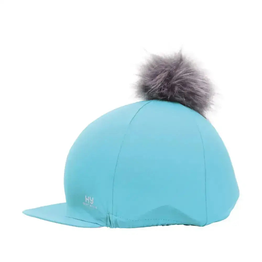 Light blue hy sport active hat silk with gray faux fur interchangeable pom pom for equestrian use