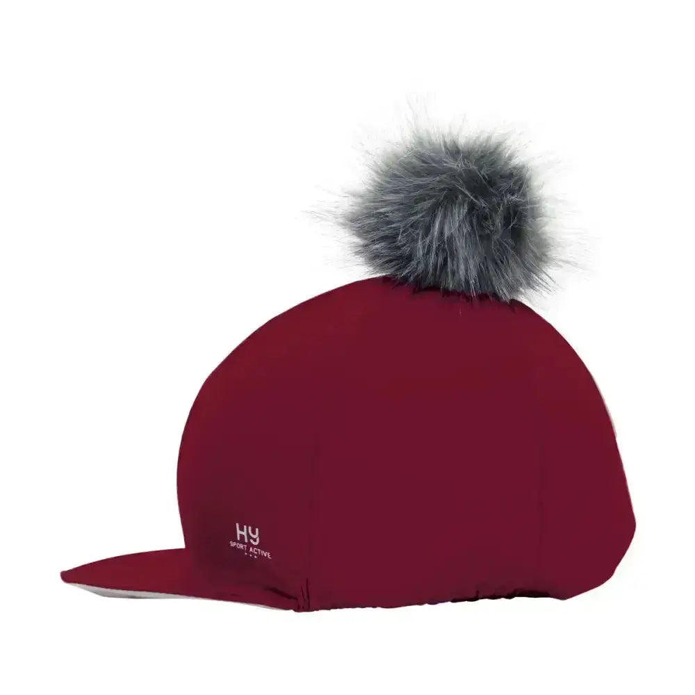 Maroon helly hansen sport active hat with gray faux fur interchangeable pom pom in silver hy sport style