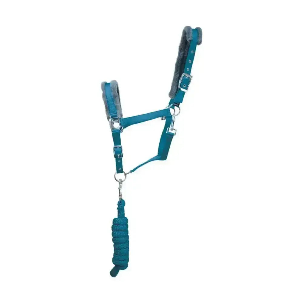 Teal leather hy sport active head collar with gray fleece padding and matching braided lead rope adding extra comfort