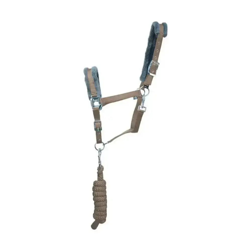 Brown leather hy sport active head collar with gray fleece lining and matching braided lead rope adding extra comfort