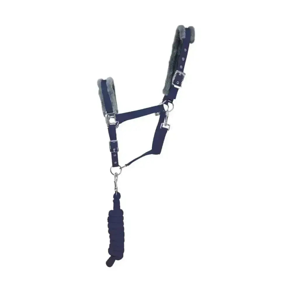 Navy blue leather hy sport active head collar with gray fleece lining and matching braided lead rope adding extra comfort