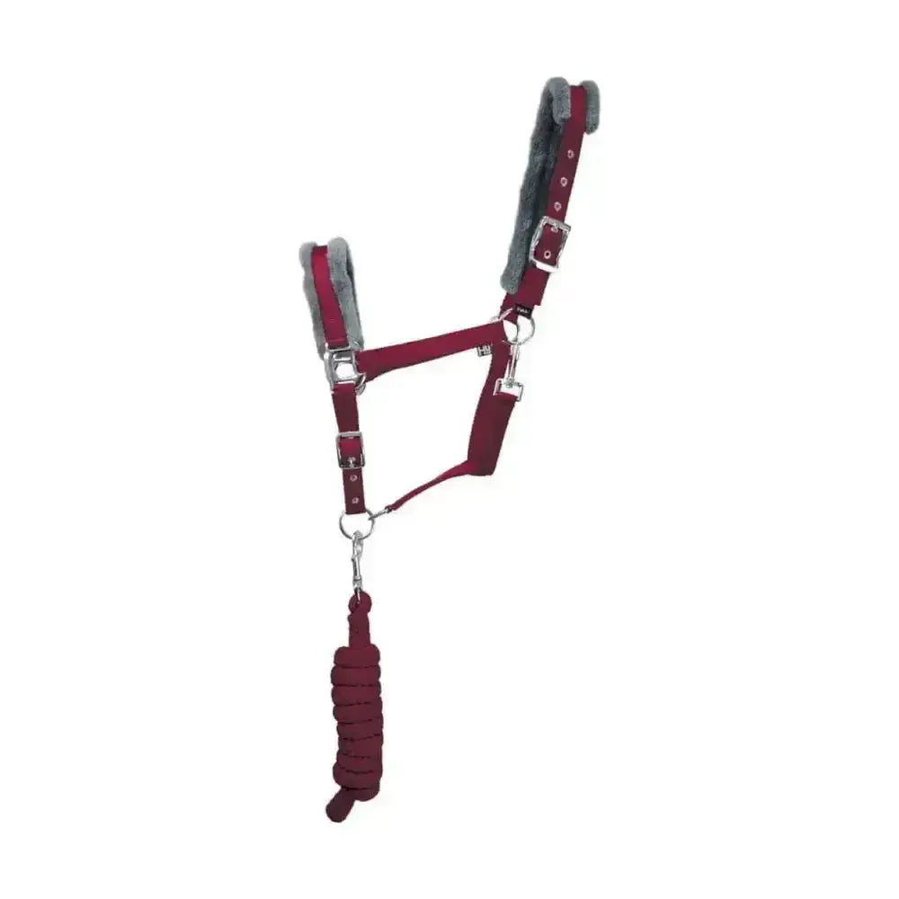 Maroon leather hy sport active head collar with gray fleece lining and matching braided lead rope adding extra comfort