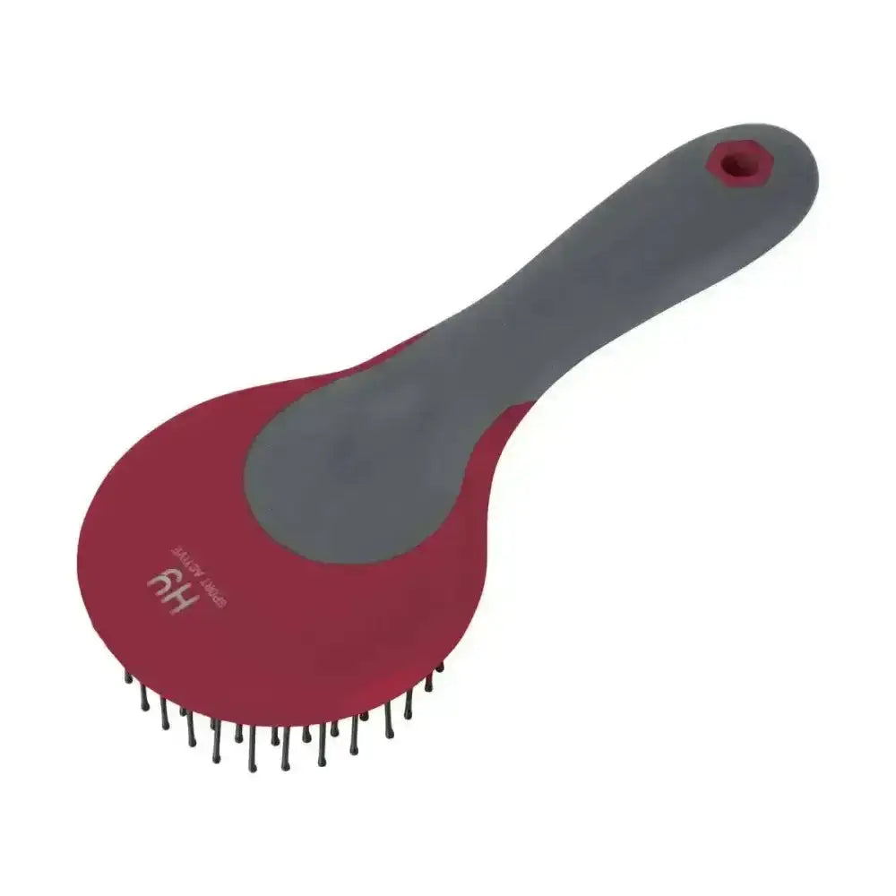 Hy sport active mane and tail brush with a red and gray round head mane and black bristles for grooming horses