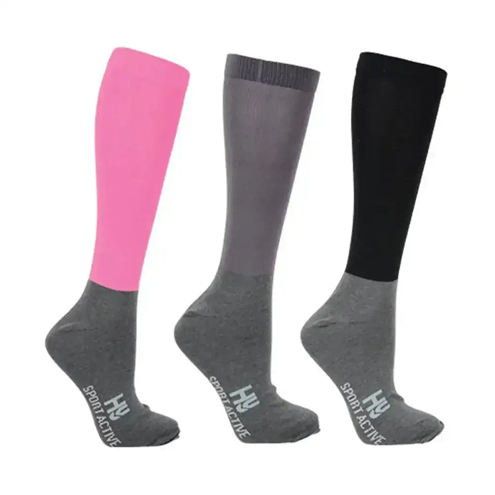 Hy sport active riding socks pack of 3 in pink gray and black with grey toe and heel perfect for sport active riding
