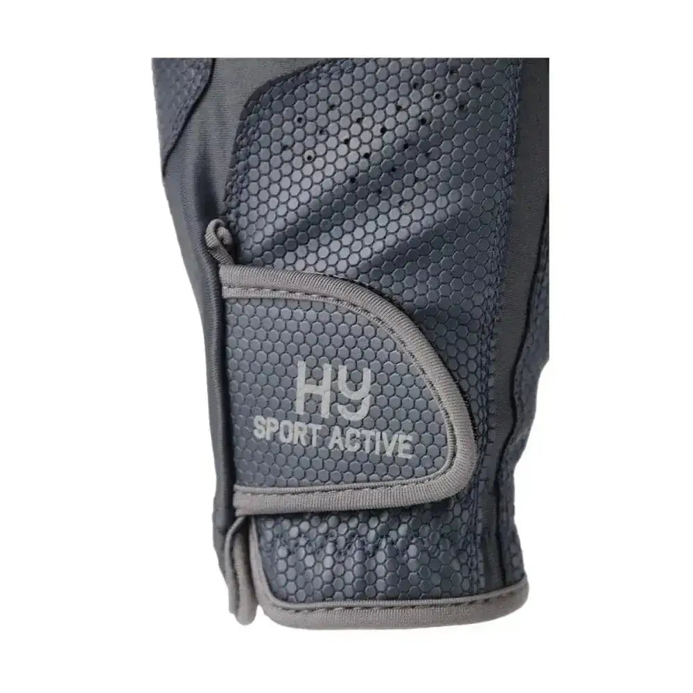 Gray hy sport active young rider riding gloves showing breathable mesh and reinforced stitching for high performance use
