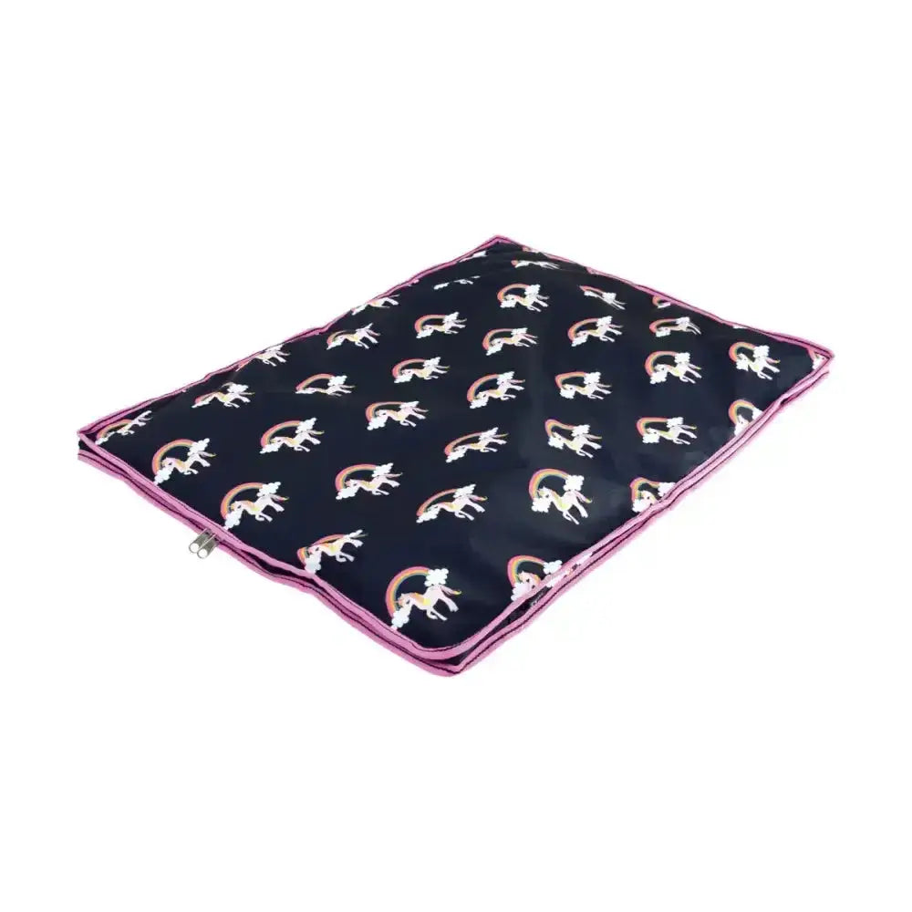 Black fabric unicorn dog bed storage bag with pink trim and fun unicorn themed rainbow pattern