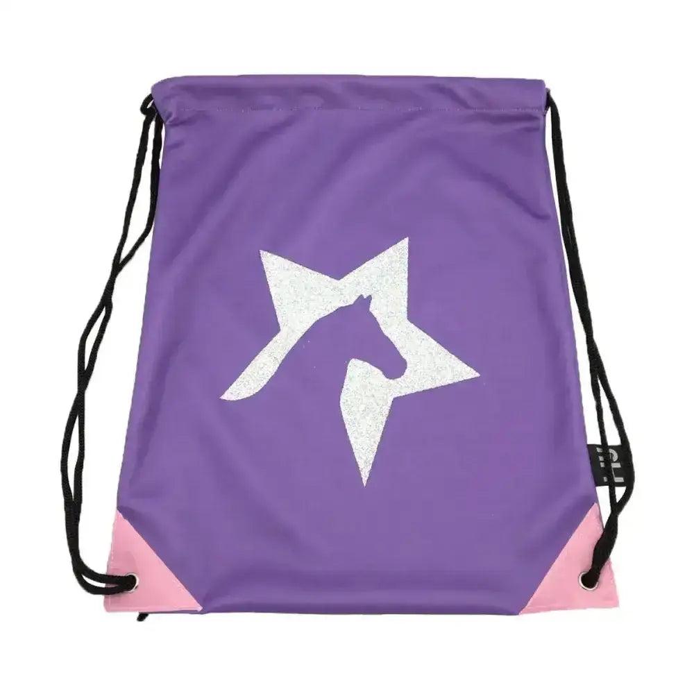 Purple hy zeddy drawstring bag with pink corners and white glittery star horse silhouette brilliant bag design