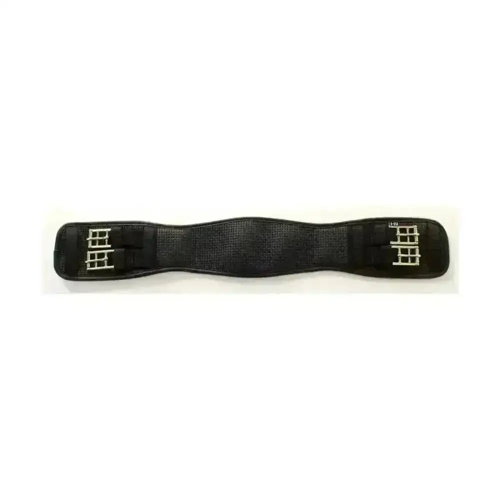 Black horse saddle pad with silver metal buckles and textured surface for hycomfort waffle dressage girth use