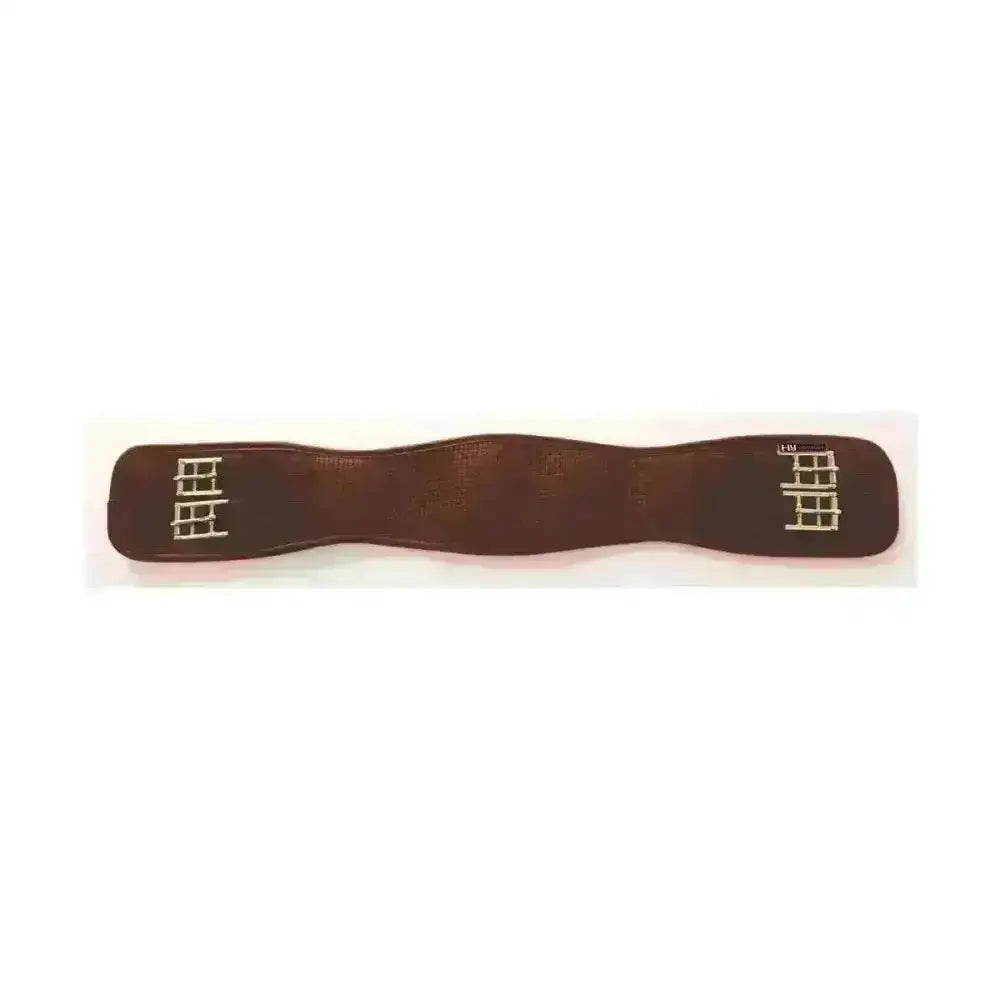 Brown leather saddle pad with gold stirrup leathers paired with hycomfort waffle dressage girth elasticated both ends