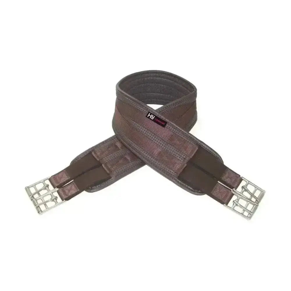 Brown leather hycomfort waffle girth with silver buckles and hy tag featuring soft material and waffle girth elasticated design