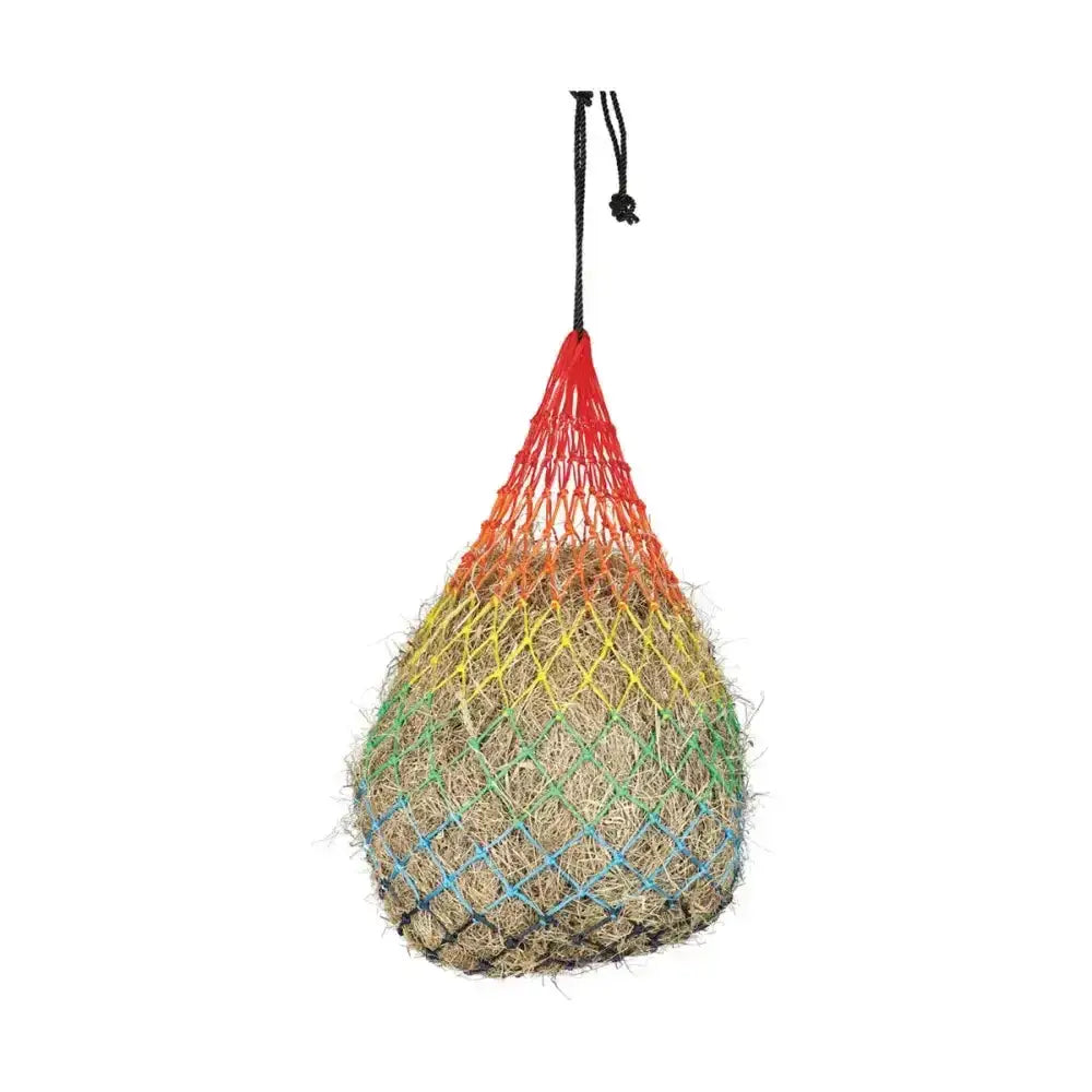 A colorful rainbow-hued mesh hyconic haynet with black hanging loop ideal for dry hay and medium sized haynet use