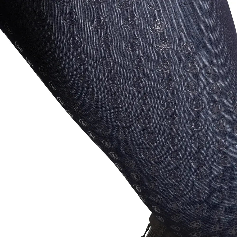 Dark blue hyconic valloria denim riding tights with subtle embossed heart logos perfect for riding use