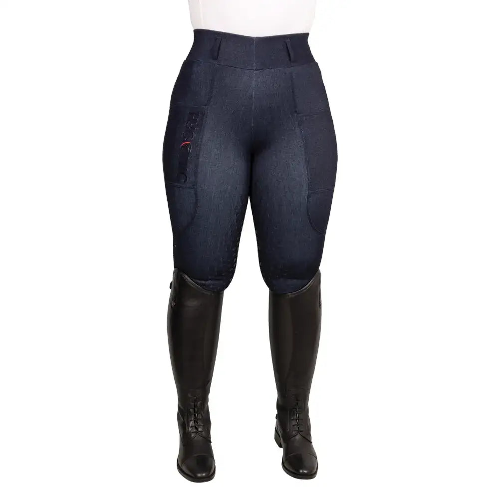 Navy blue hyconic valloria denim stretch riding tights with reinforced knees and side pockets for riding use