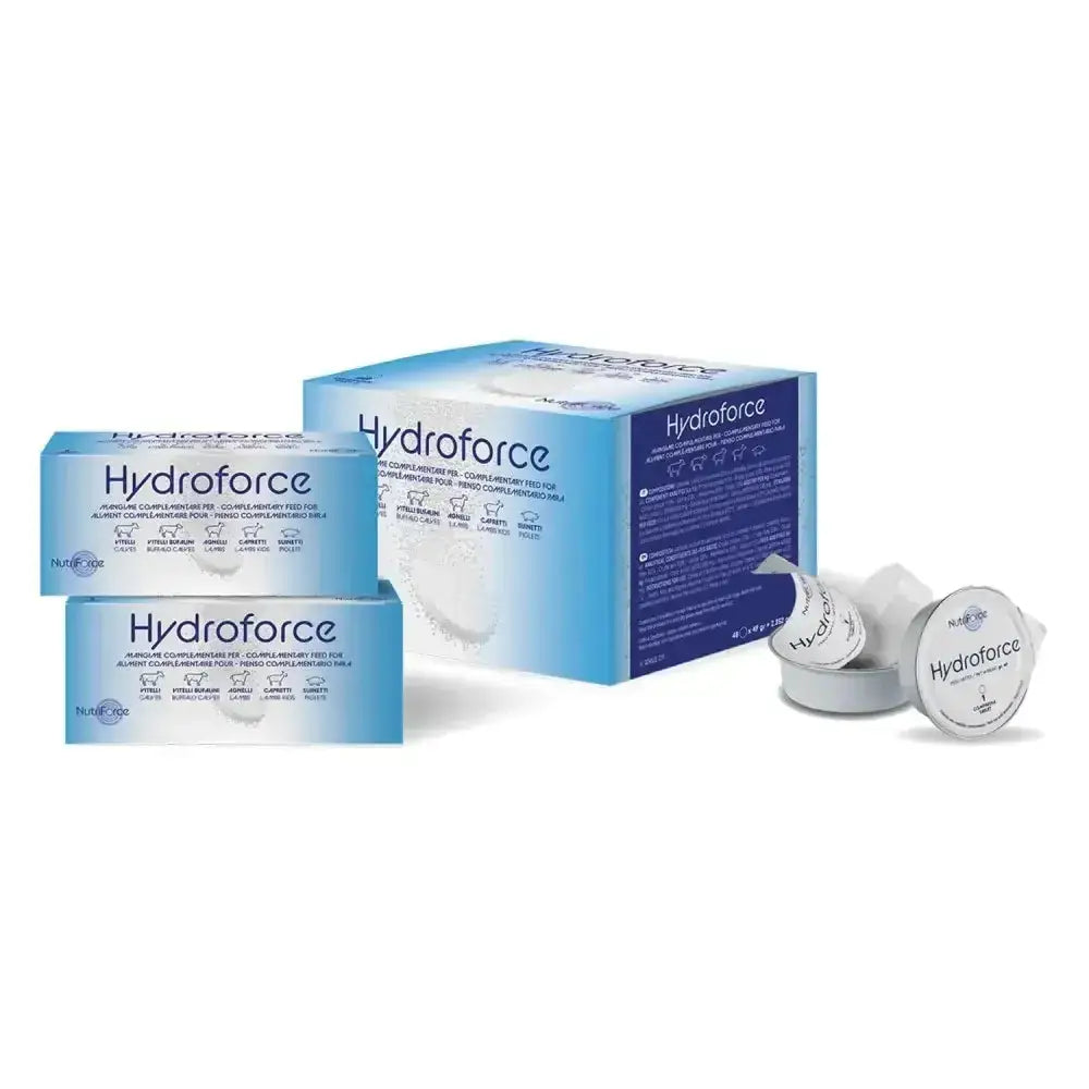 Blue and white hydroforce tablets boxes with round capsules for highly soluble effervescent oral rehydration solution