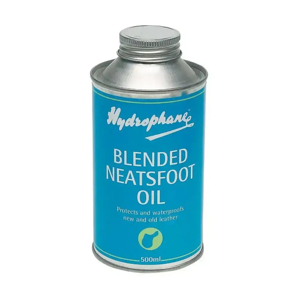A blue can of hydrophane blended neatsfoot oil with a silver lid for protecting new and old leather with leather oil