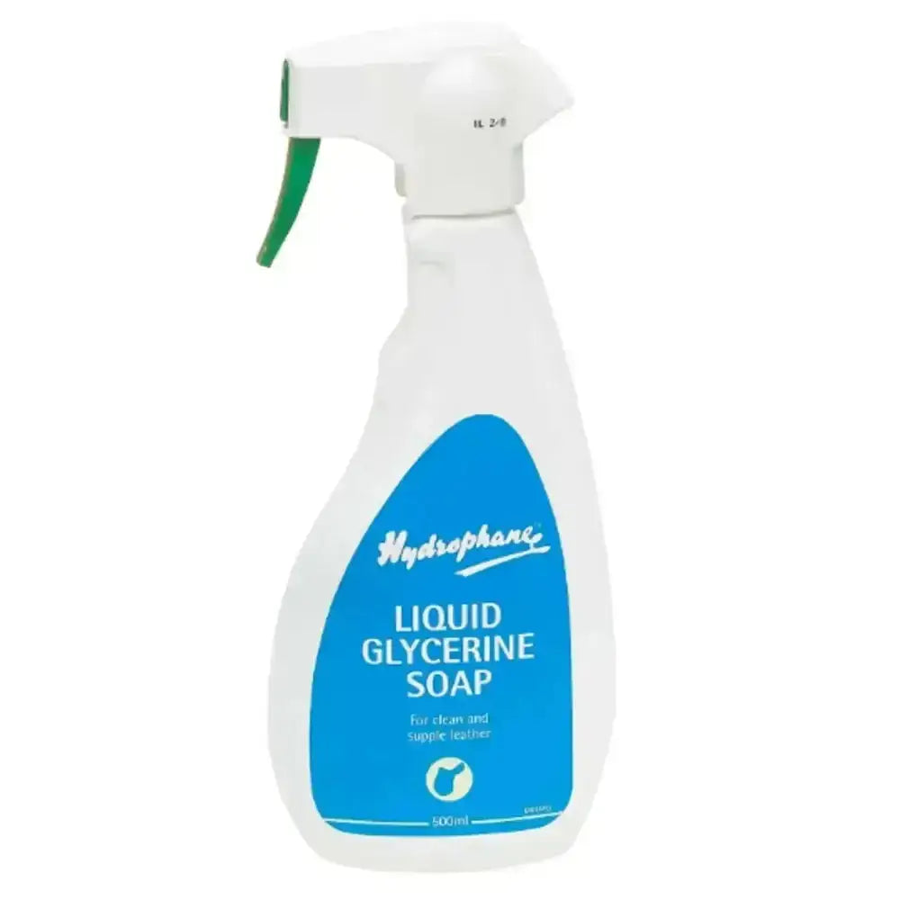 White plastic spray bottle with green trigger and blue hydrophane liquid glycerine label for spray leather care