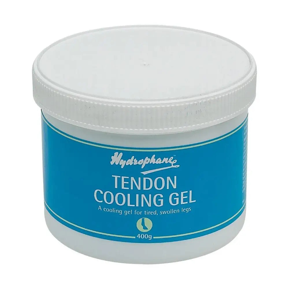 Hydrophane tendon cooling gel in a white plastic jar with blue label designed for tired and swollen legs