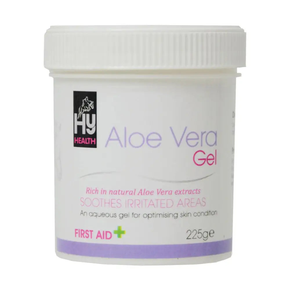 White plastic container of hyhealth aloe vera gel 225g with soothing and additional moisturising properties for irritated areas