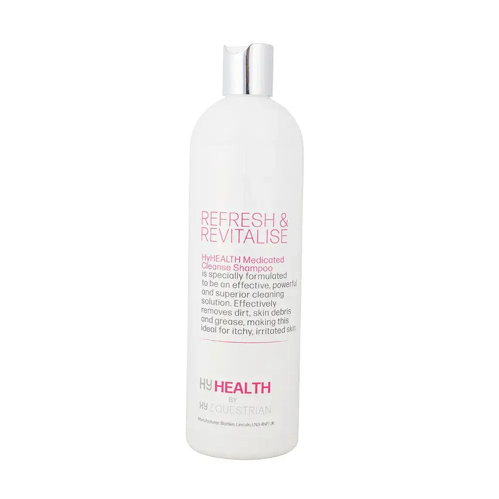 White plastic bottle of hyhealth medicated cleanse shampoo with silver cap and pink text for cleansing hair
