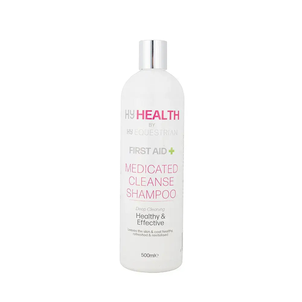 White bottle of hyhealth medicated cleanse shampoo by hy equestrian with silver cap and pink text on the label