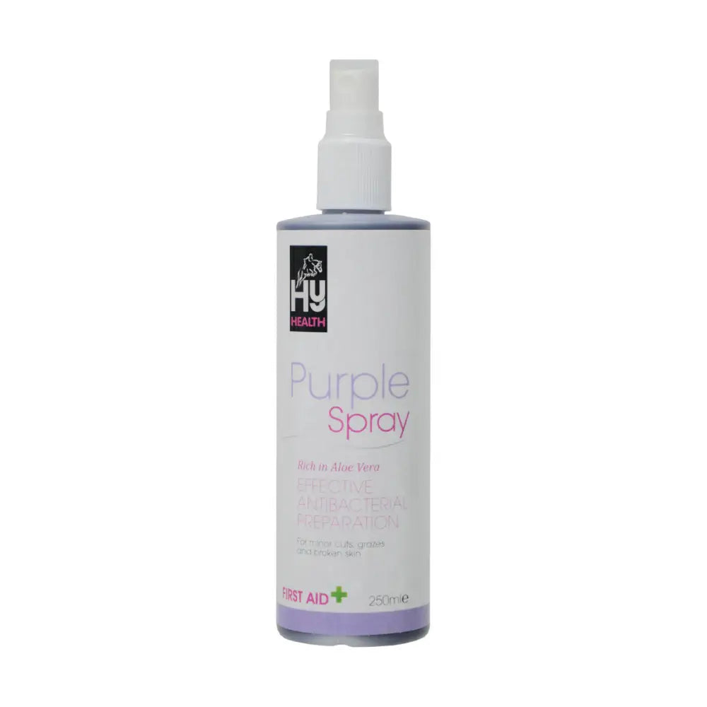 White spray bottle with purple label and cap from hy health brand hyhealth purple spray for effective antibacterial wound care