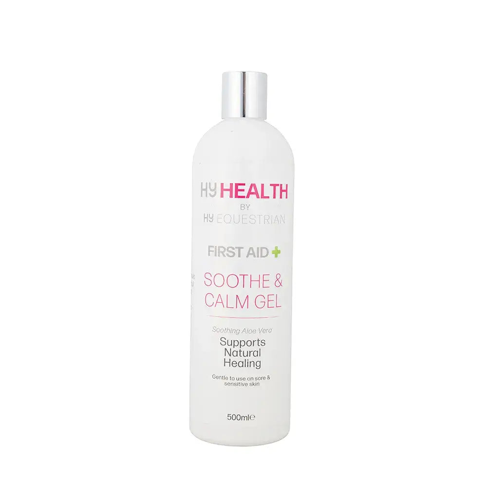 A white plastic bottle with silver cap of hyhealth soothe calm gel by hy equestrian containing 500ml aloe vera gel