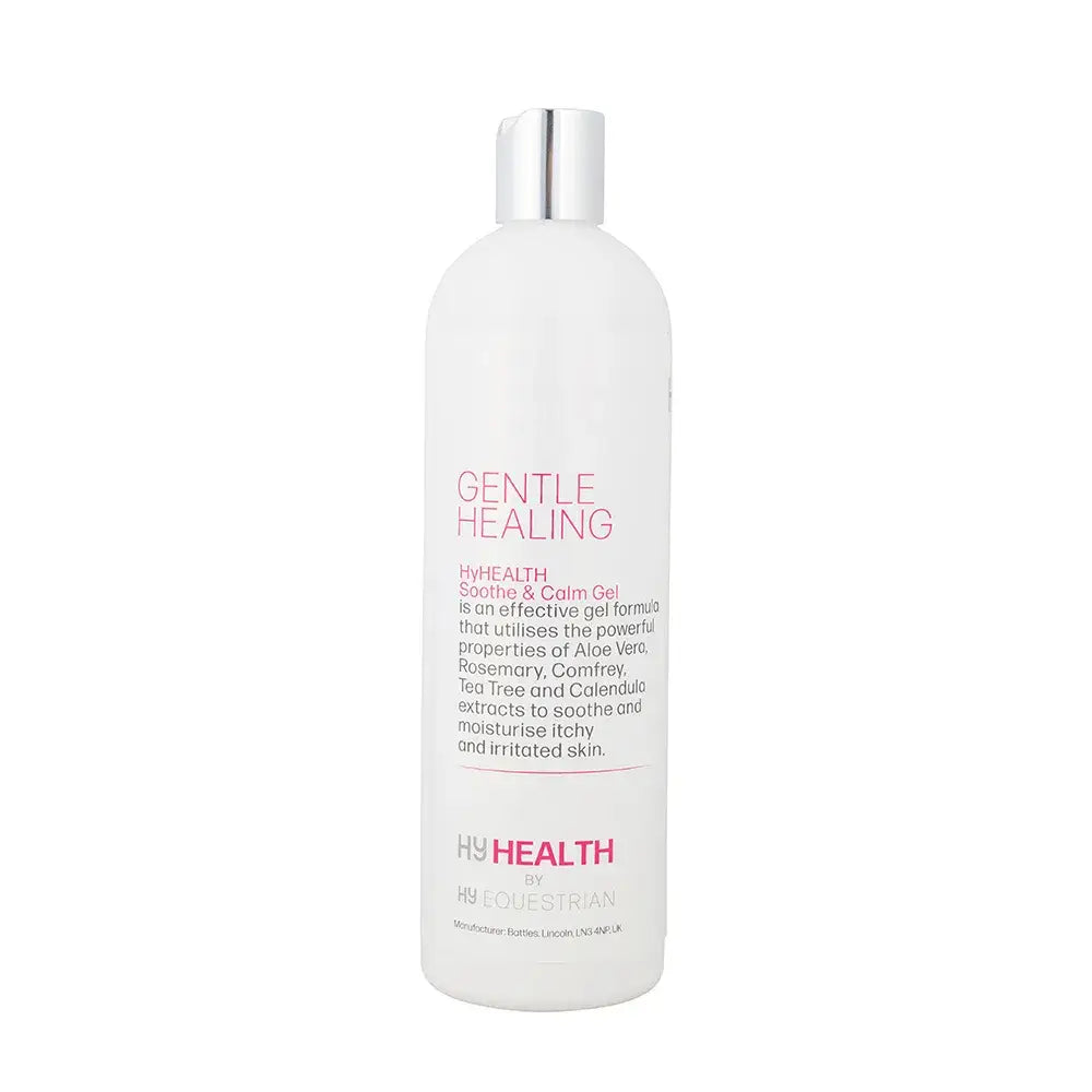 White bottle of hyhealth soothe calm gel with silver cap and pink label for equestrian skin care by hy equestrian