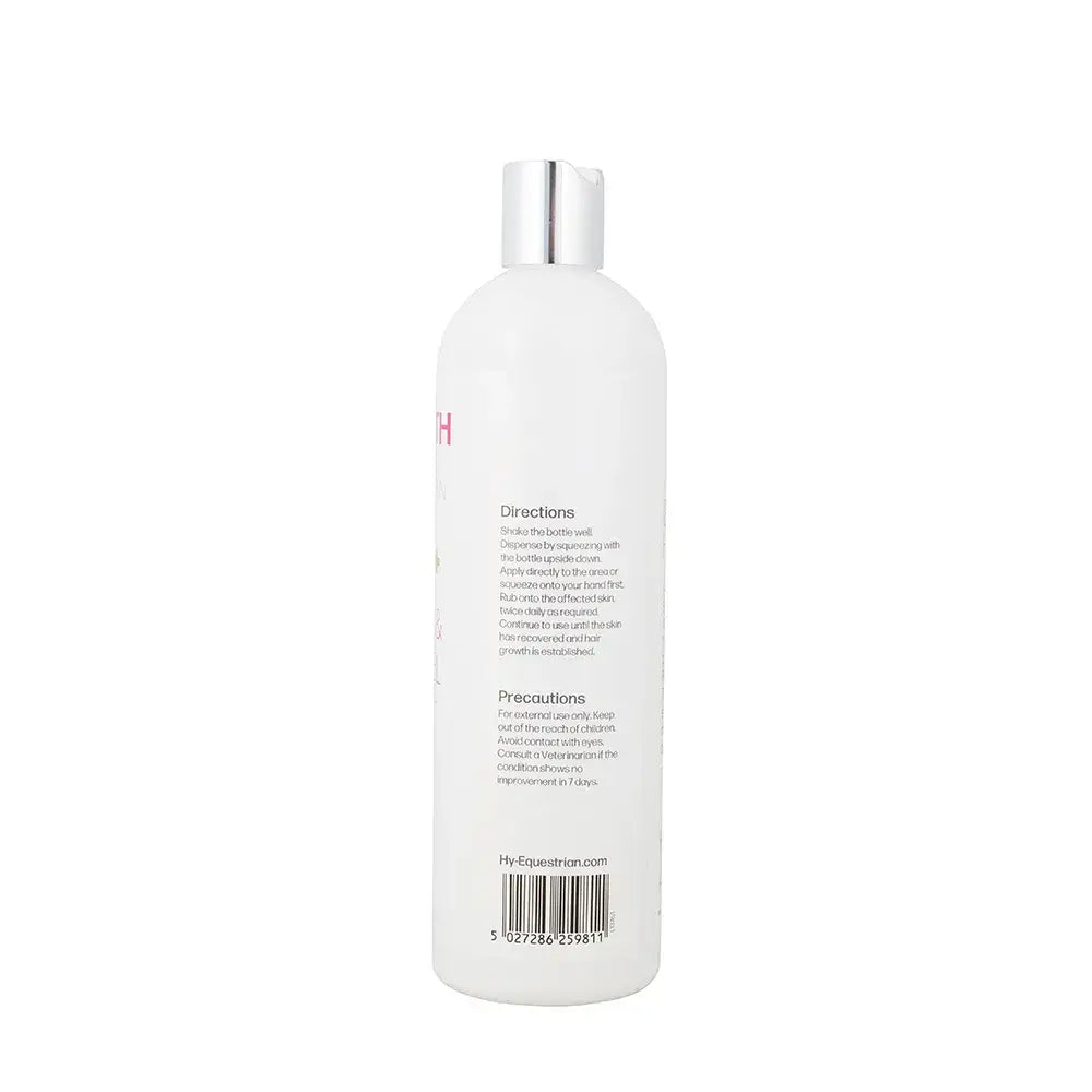 White plastic bottle with silver cap showing the back of hyhealth soothe calm gel by hy equestrian with directions and precautions