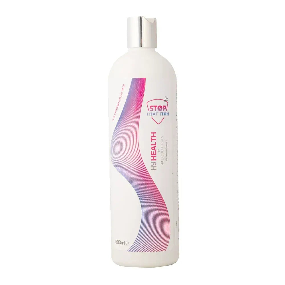 White plastic bottle with silver cap and pink to purple wave design labeled hyhealth stop that itch soothe shampoo for equestrian use