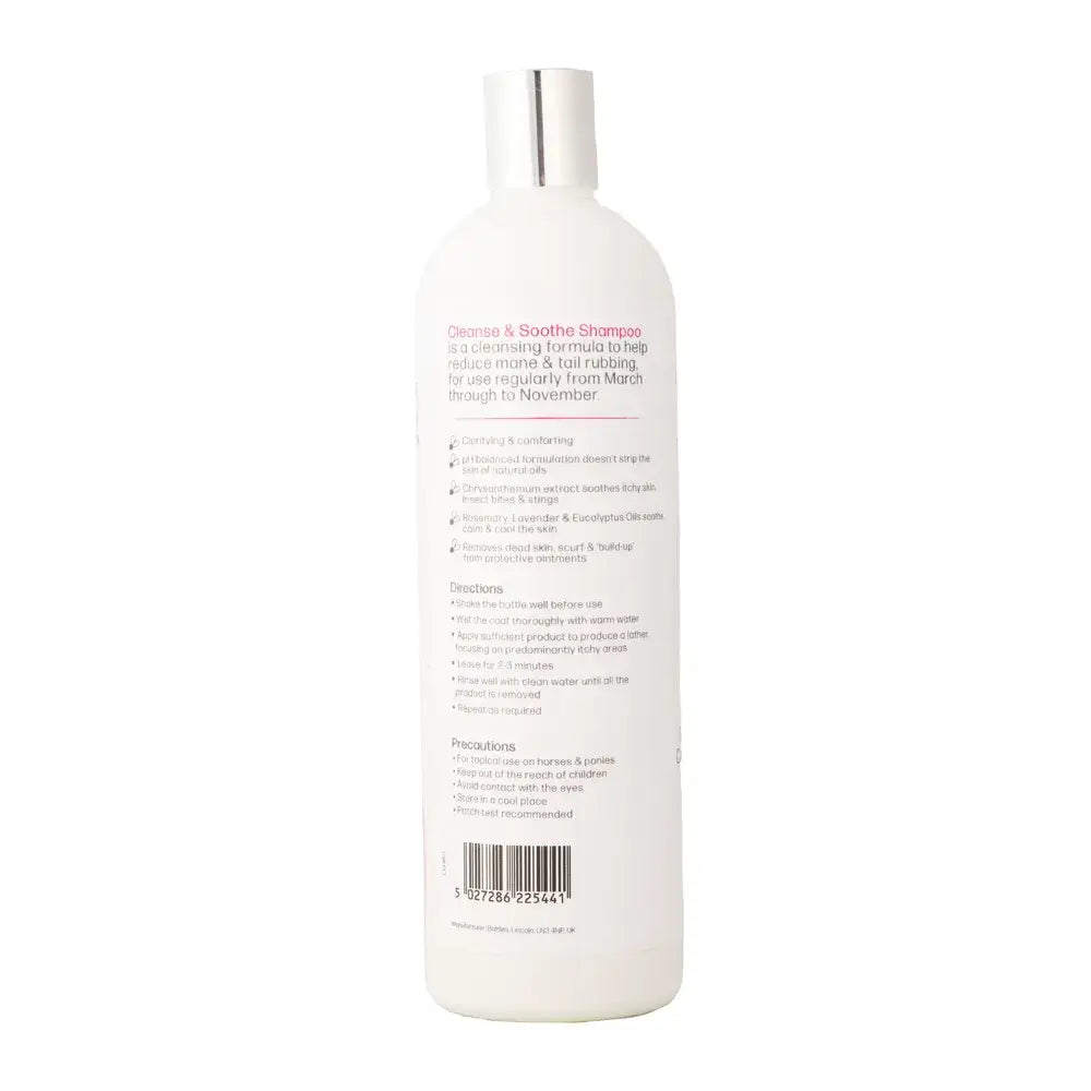 White plastic bottle with silver cap labeled hyhealth stop that itch cleanse and soothe shampoo for equestrian use