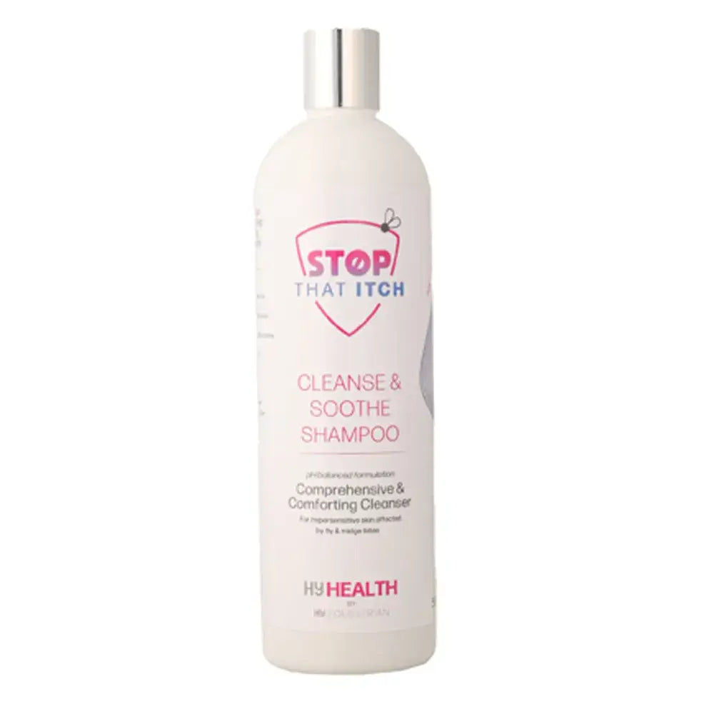 A white bottle of hyhealth stop that itch soothe shampoo with a silver cap and pink text for equestrian use