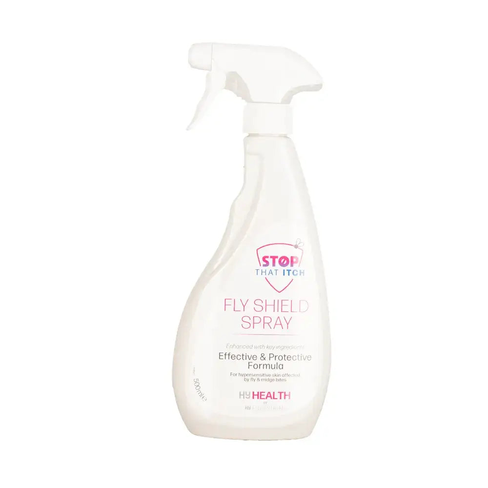 White plastic fly shield spray bottle labeled stop that itch fly shield spray by hyhealth for equestrian use